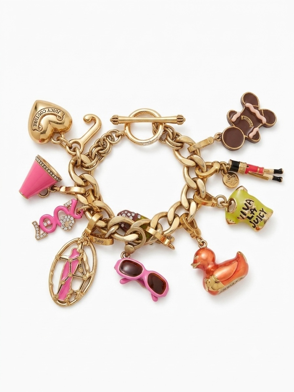 Juicy Couture Gold Y2K Charm Bracelet with Pink Accents in Great Conditions